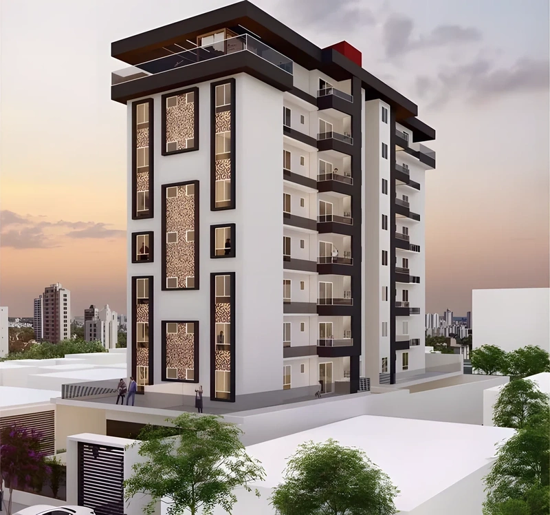 Este prédio possui dez pavimentos, sendo eles: subsolo com garagens, térreo com acesso, lazer e garagens, sete pavimentos residenciais e uma cobertura